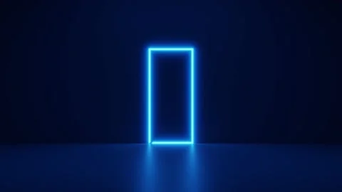 Neon door appears in a dark blue room and opens to another dimension Stock Footage 170086061