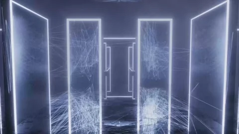Neon door frames opening in a symmetrical sci-fi hall Stock Footage 346780529