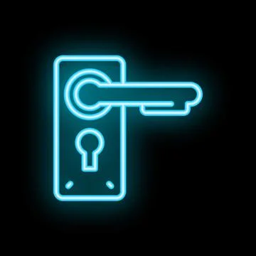 Neon door handle icon glowing on black background Illustration