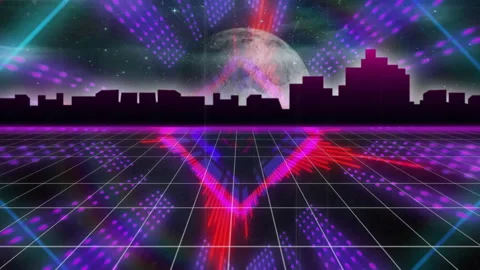 Neon dots appearing under moon on grid forming glowing triangle pulsing beams Vídeo Stock 310153568