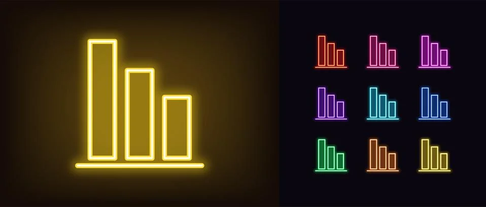 Neon downfall graph icon. Glowing neon drop diagram sign, down bar chart Illustrazione stock