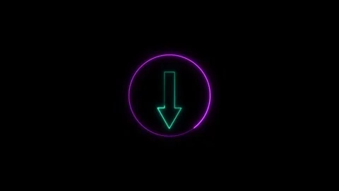 Neon downward arrow icon inside glowing purple circle on dark animated back.. Stock Footage 334218006