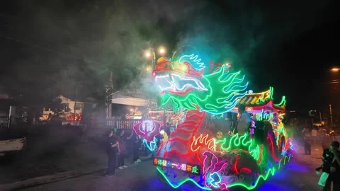 Neon Dragon Deity Float at Seng Fatt Temple Procession in Kampar Malaysia Stock Footage 345444062