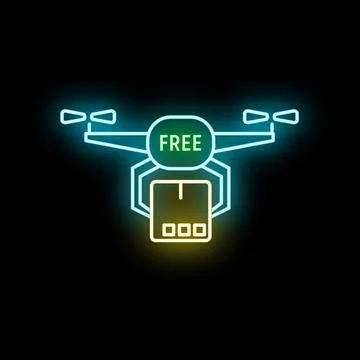 Neon drone icon representing fast, free delivery service Stock Illustration