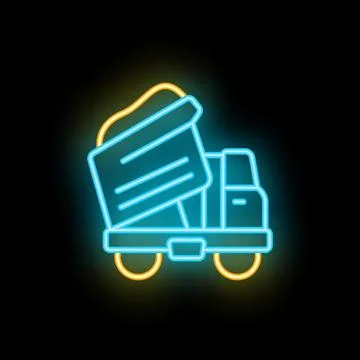 Neon dump truck unloading cargo on black background Stock Illustration