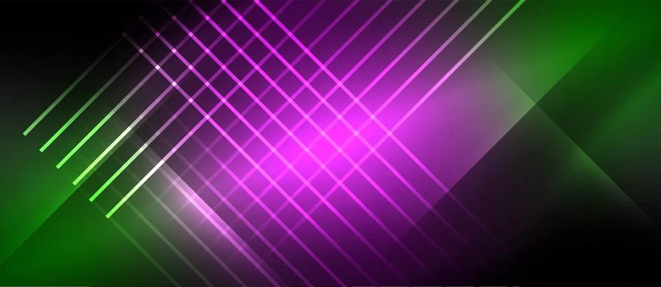 Neon dynamic diagonal light rays background. Techno digital geometric concept 스톡 일러스트