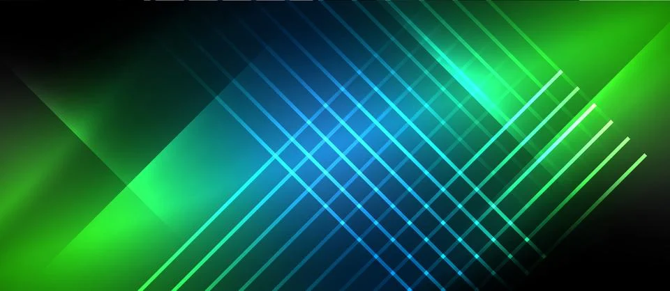 Neon dynamic diagonal light rays background. Techno digital geometric concept Stock Illustration