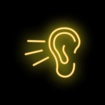 Neon ear hearing soundwave glowing sign on black background Stock Illustration