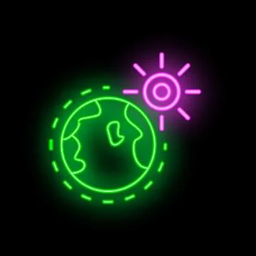 Neon earth orbiting glowing sun icon on black background Stock Illustration