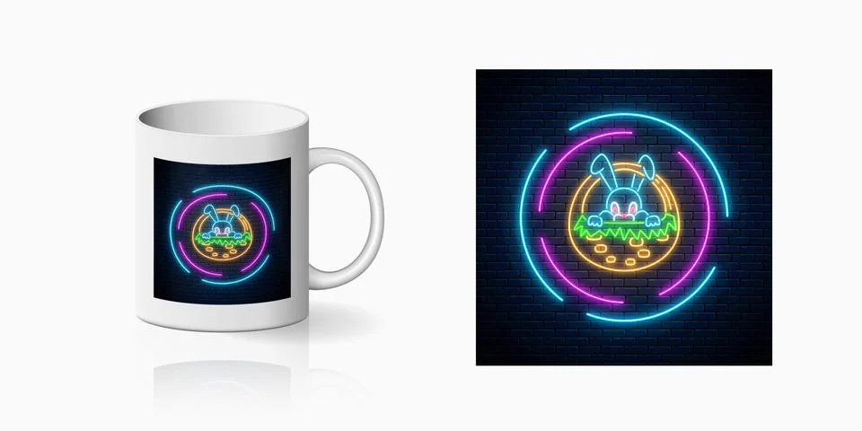 Neon easter bunny in basket in circle frames print for cup design. Easter fun Stock Illustration