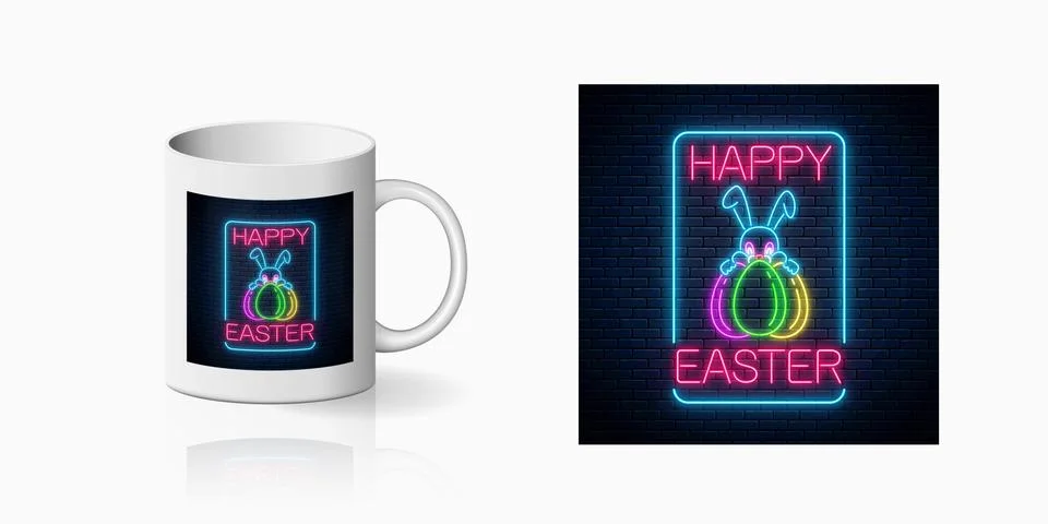 Neon easter bunny with eggs in rectangle frame print for cup design. Easter f Stock Illustration