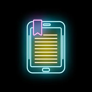 Neon ebook e reader icon with bookmark on black background 스톡 일러스트