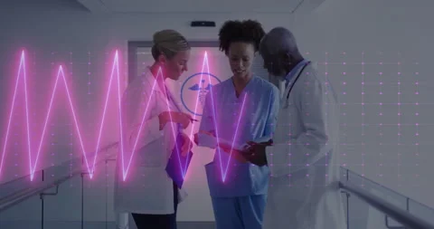 Neon ECG waveform animating from left grid overlay showing medical team Видео 309682675