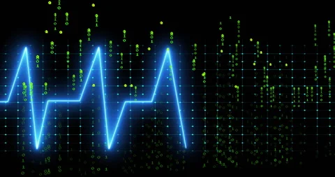 Neon ECG waveform pulsing across digital grid, showing falling binary digits and Stock Footage 309144168