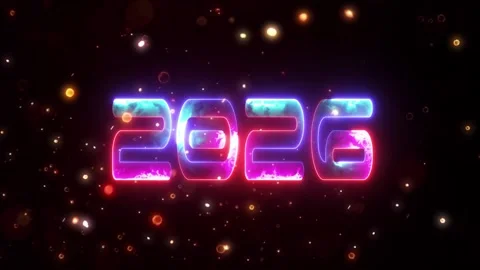 Neon effect light letter Happy New Year 2026 festive digital greeting text .. Stock Footage 321944923