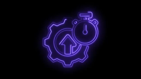 Neon efficiency process icon animation featuring cog upward arrow and stopwatch Stock Footage 330777421