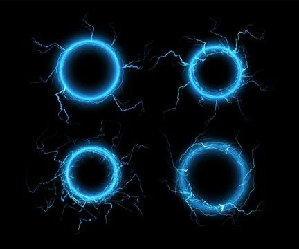 Neon electric circles with lightning effects on an isolated black background. Stock Illustration