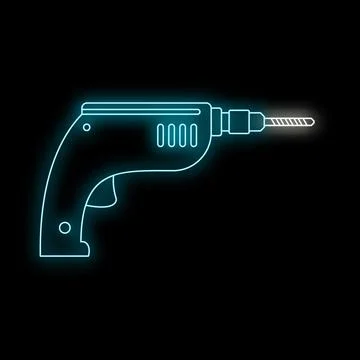 Neon electric drill machine outline on black background 스톡 일러스트
