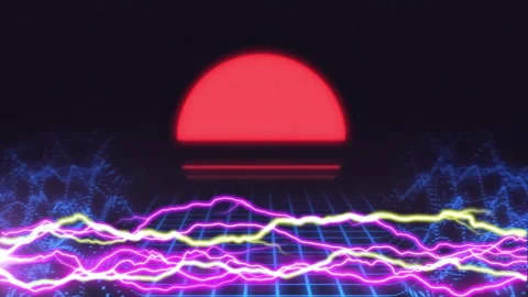Neon electrical currents over red rising sun with distorting blue grid below on 스톡 동영상 146560423
