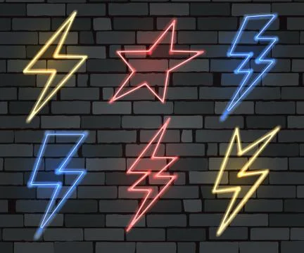 Neon Electrical Lightning Sign Set Stock Illustration