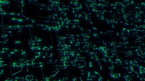 Neon electronic circuit network visual green glowing nodes, blue pathways, and d Stock Footage 340571623