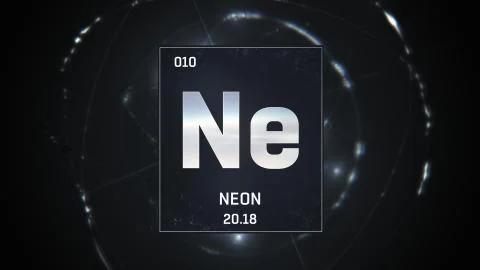 Neon as Element 10 of the Periodic Table 3D animation on silver background Stock Illustration