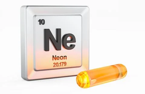 Neon element tile periodic table with neon in glowing tube, 3d rendering Stock Illustration