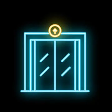 Neon elevator doors with up arrow sign on black background Stock Illustration