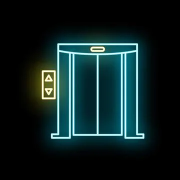 Neon elevator doors glowing with up down arrows Stock Illustration