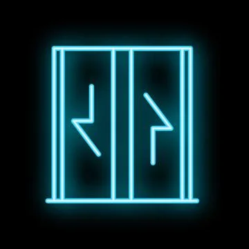 Neon elevator doors opening and closing icon glowing against a black backgrou Ilustración de archivo