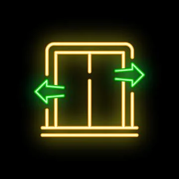Neon elevator doors opening and closing with arrows sign on black background 스톡 일러스트