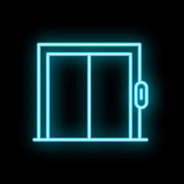 Neon elevator doors opening on black background Illustrazione stock