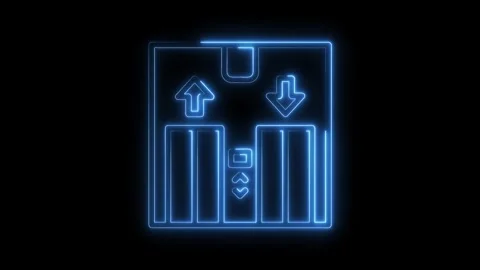 Neon elevator icon animation showing up down arrows and open doors on black Stock Footage 322969750
