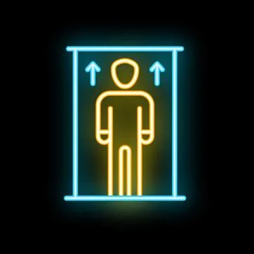 Neon elevator icon glowing on dark background Stock Illustration
