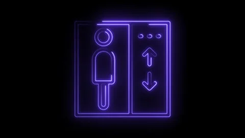 Neon elevator sign animation lift symbol with up down arrows and person inside Stock Footage 322983786