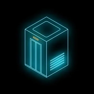 Neon elevator sign isometrically glowing on black background 스톡 일러스트