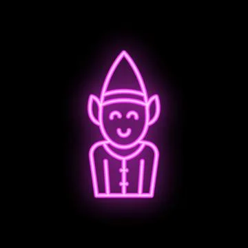 Neon elf smiling and wearing a pointed hat on black background Stock Illustration