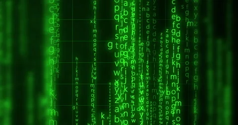 Neon Encrypted Digital Katakana Matrix Rain Alphabets Text. Stock Footage 337243286