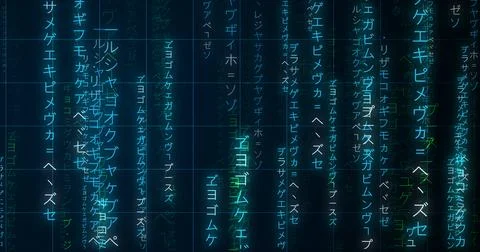 Neon Encrypted Digital Katakana Matrix Rain Japanese Text. Dark technologic.. Stockillustratie