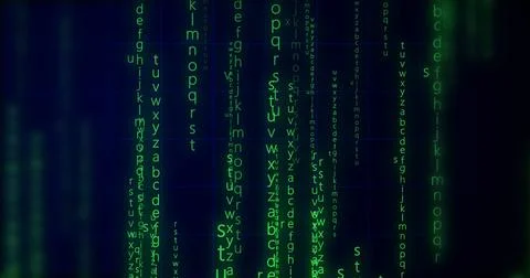 Neon Encrypted Digital Katakana Matrix Rain Alphabets Text. Dark technologi.. 스톡 일러스트