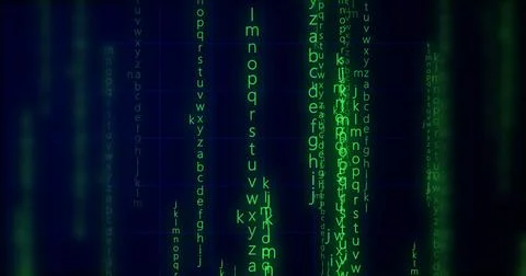 Neon Encrypted Digital Katakana Matrix Rain Alphabets Text. Dark technologi.. イラスト素材