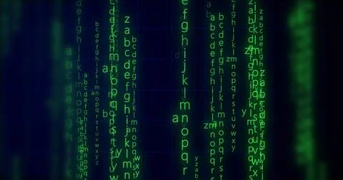 Neon Encrypted Digital Katakana Matrix Rain Alphabets Text. Dark technologi.. イラスト素材