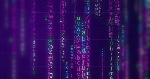 Neon Encrypted Digital Katakana Matrix Rain Alphabets Text. Dark technologi.. 스톡 일러스트