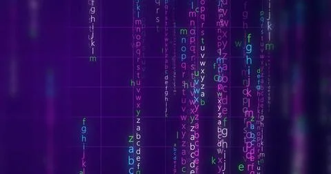 Neon Encrypted Digital Katakana Matrix Rain Alphabets Text. Dark technologi.. 스톡 일러스트
