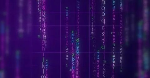 Neon Encrypted Digital Katakana Matrix Rain Alphabets Text. Dark technologi.. イラスト素材