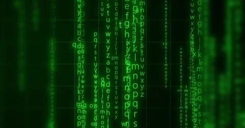 Neon Encrypted Digital Katakana Matrix Rain Alphabets Text. Dark technologi.. 스톡 일러스트