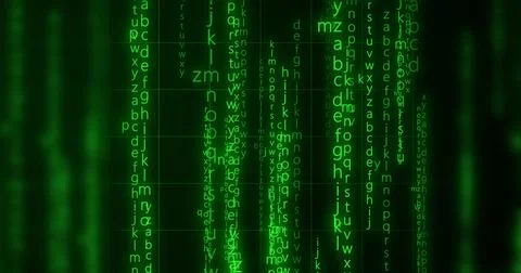 Neon Encrypted Digital Katakana Matrix Rain Alphabets Text. Dark technologi.. イラスト素材