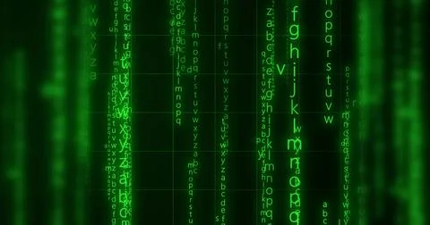 Neon Encrypted Digital Katakana Matrix Rain Alphabets Text. Dark technologi.. 스톡 일러스트