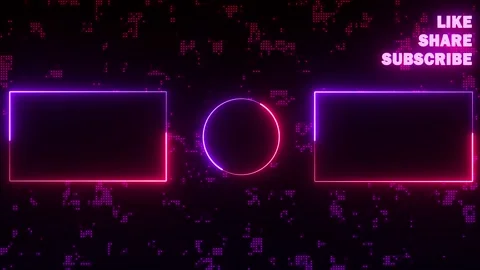 Neon end screen animation on digital grid, prompting like, share, and subscribe Stock Footage 336743281