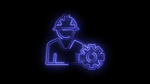 Neon engineer icon with gear on black background industry and engineering Stock Footage 322987130